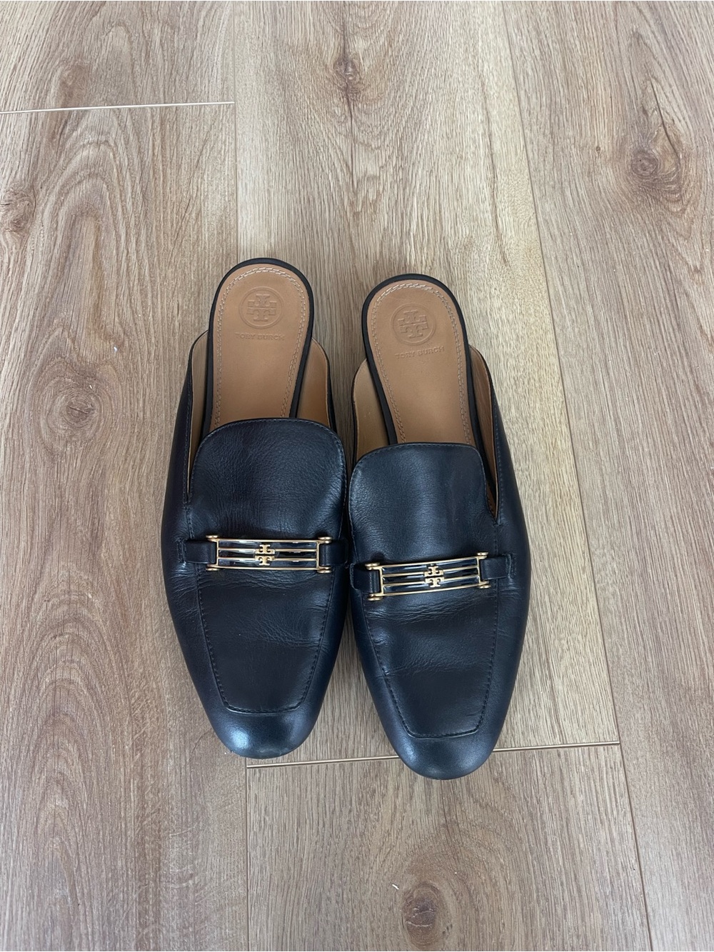 Tory Burch Black Leather Slip-On Loafers with Gold Hardware